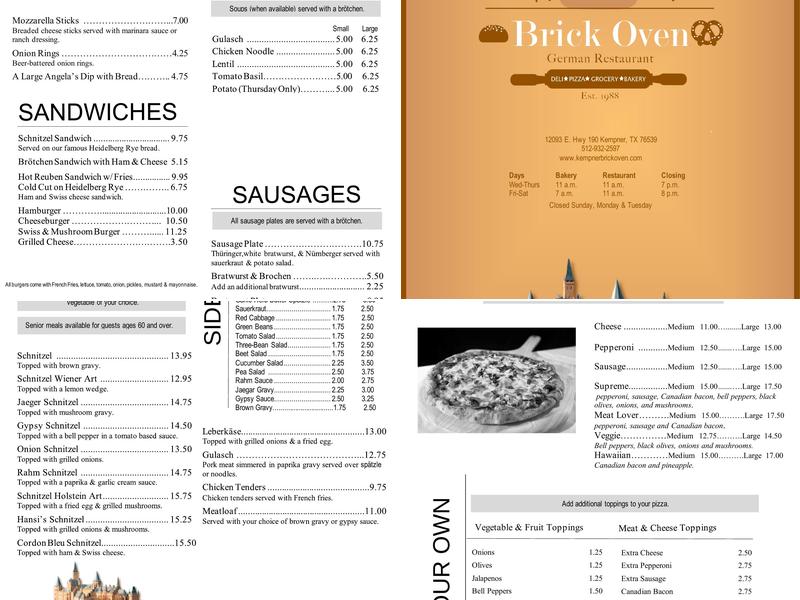 Kempner Brick Oven Menu