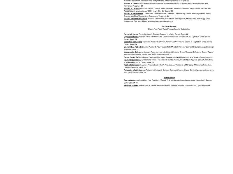 La Finestra Ristorante Menu