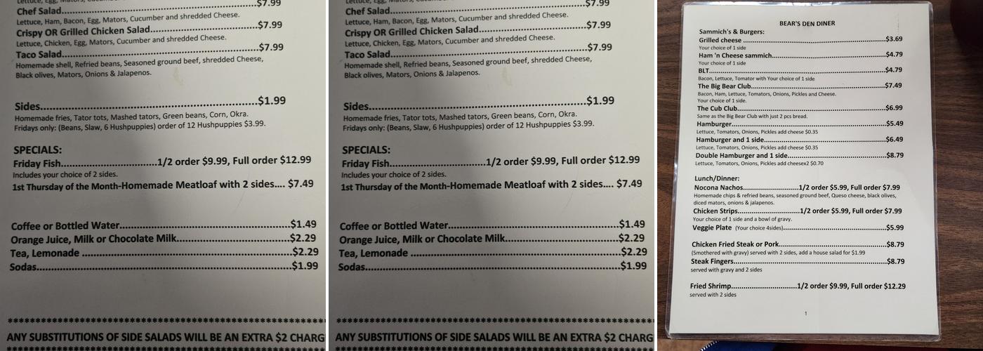 Bears Den diner Menu