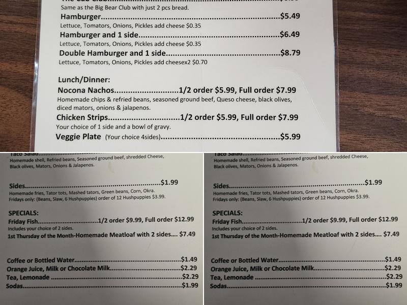 Bears Den diner Menu