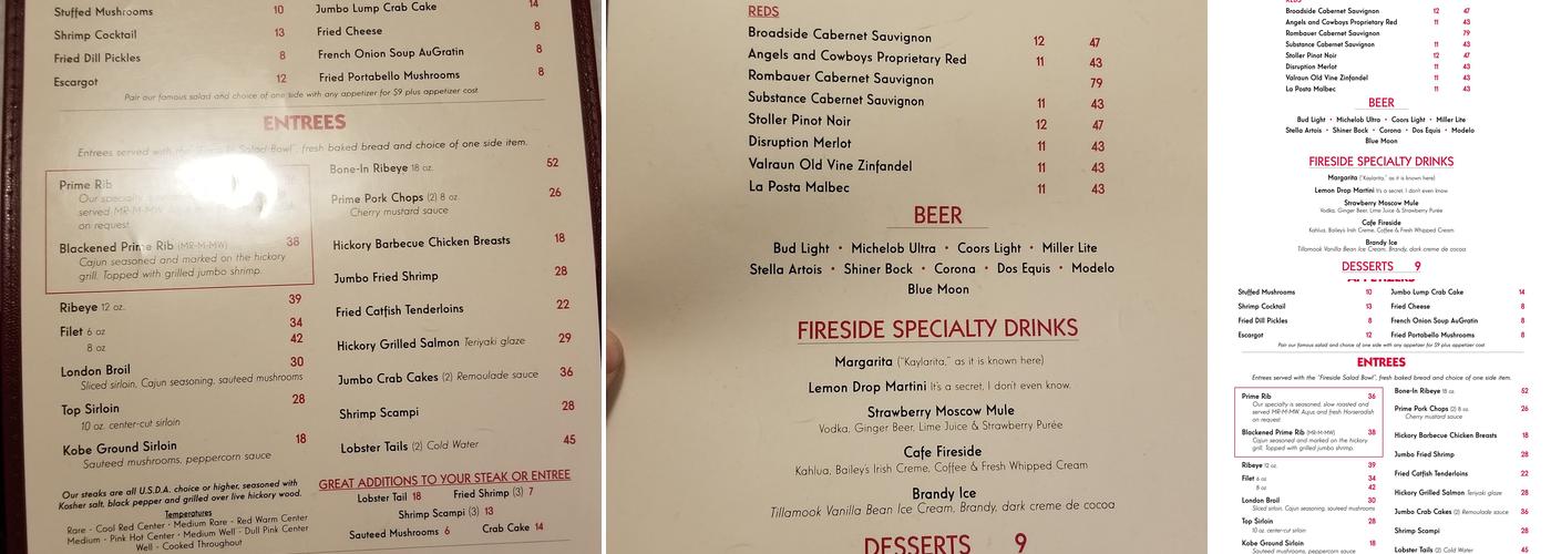 Fireside Dining Menu