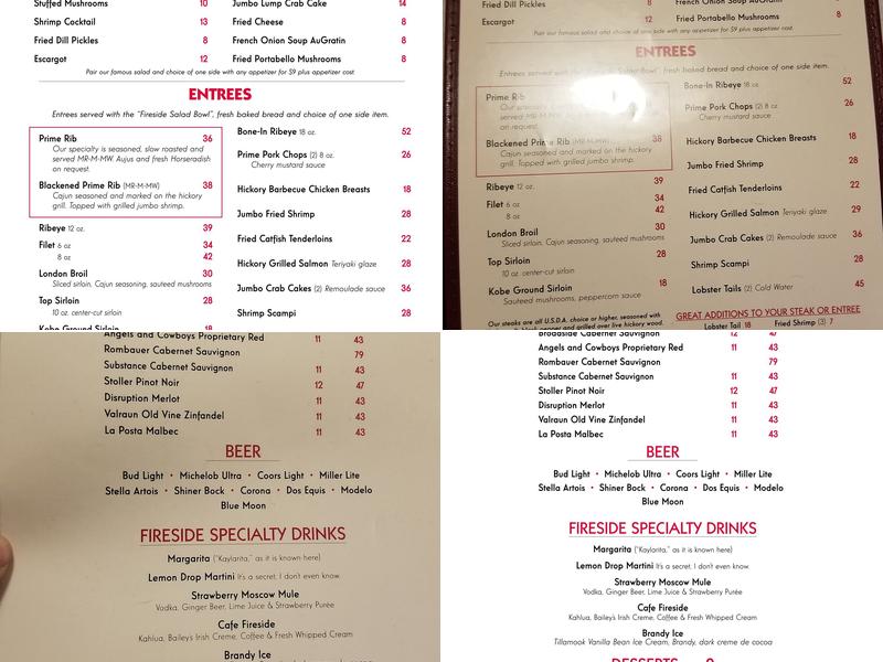 Fireside Dining Menu