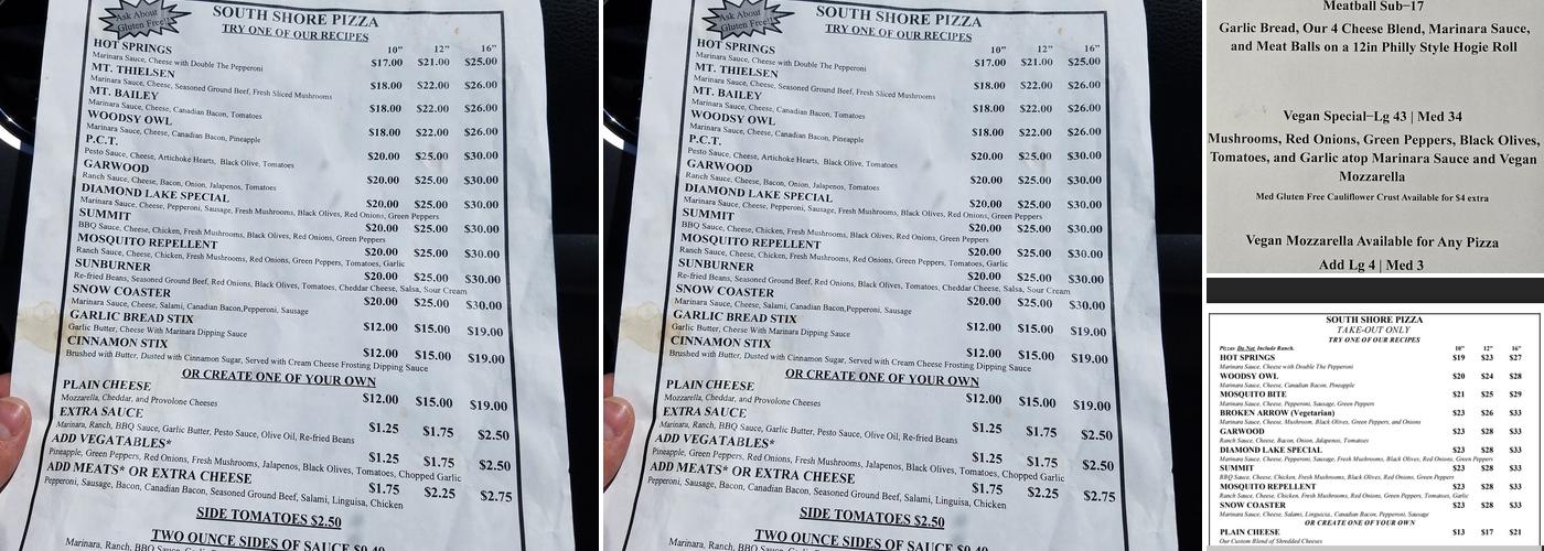 South Shore Pizza Menu