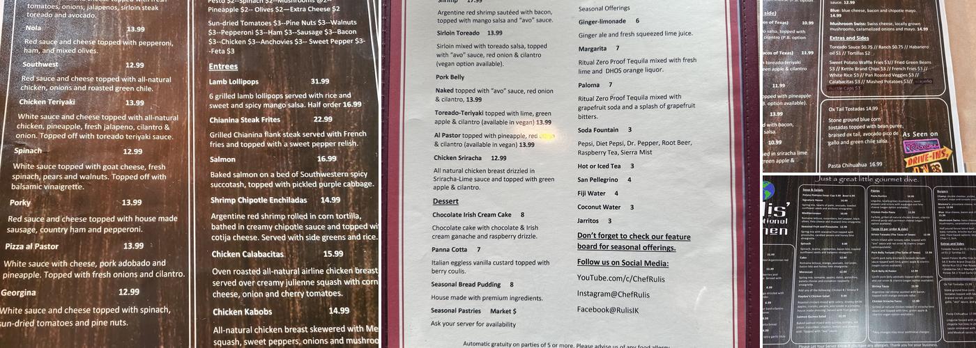 Rulis' International Kitchen Menu