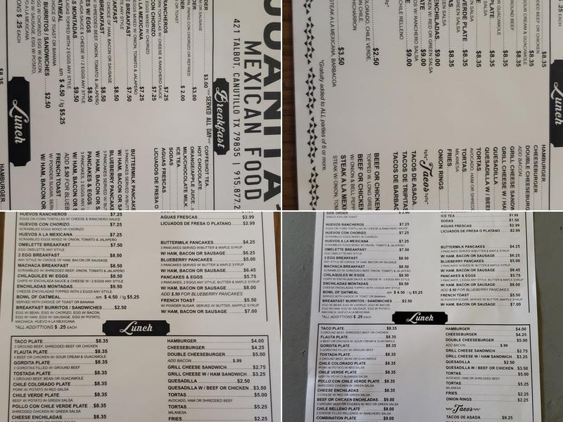 Juanita's Mexican Food Menu