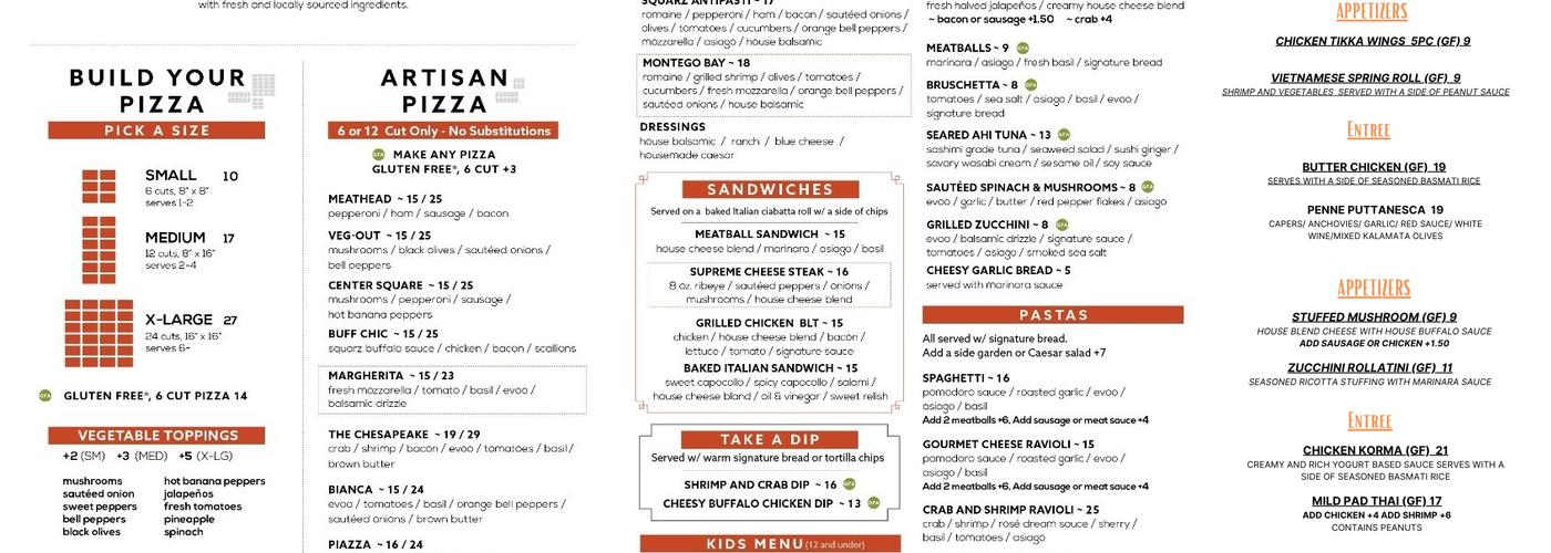Squarz Pizza & Restaurant Menu