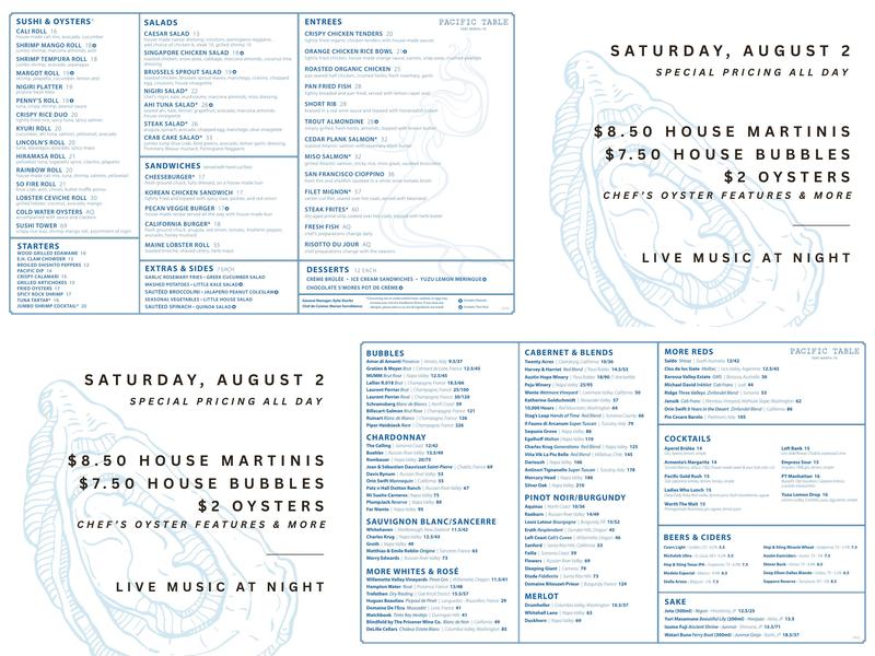 Pacific Table Menu