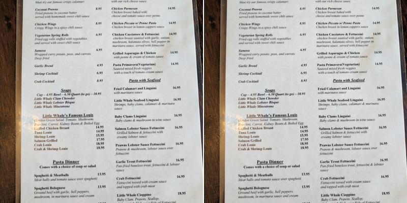 Little Whale Seafood Menu