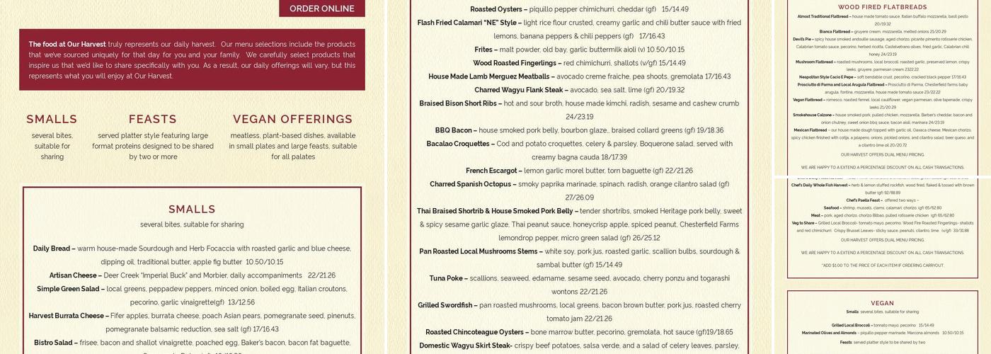 Our Harvest Menu