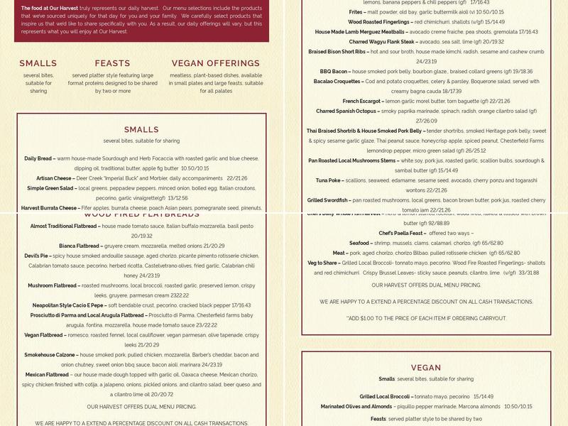 Our Harvest Menu