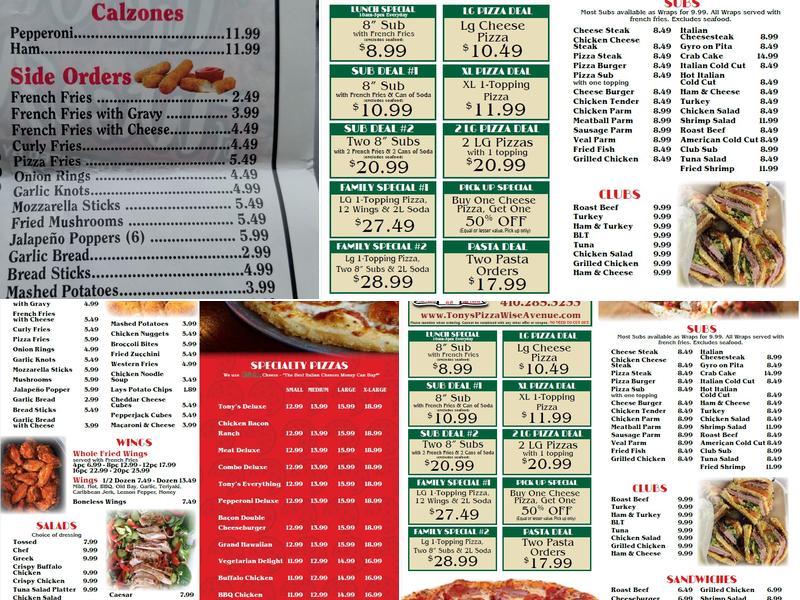 Tony's Pizza Menu