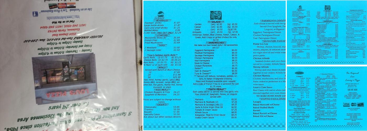 Lou's Pizza Pasta & Subs Menu