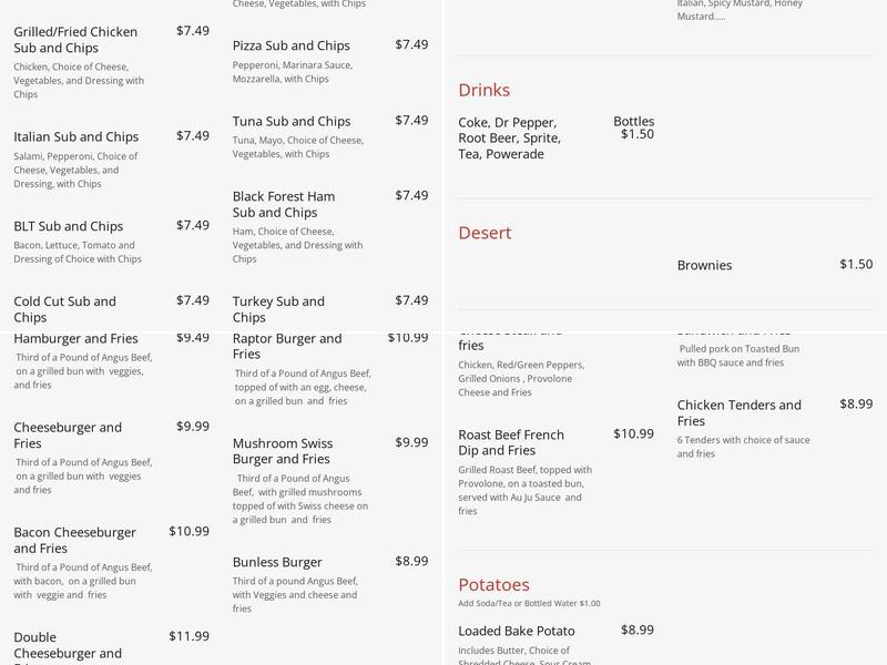 Sundown Subs Menu
