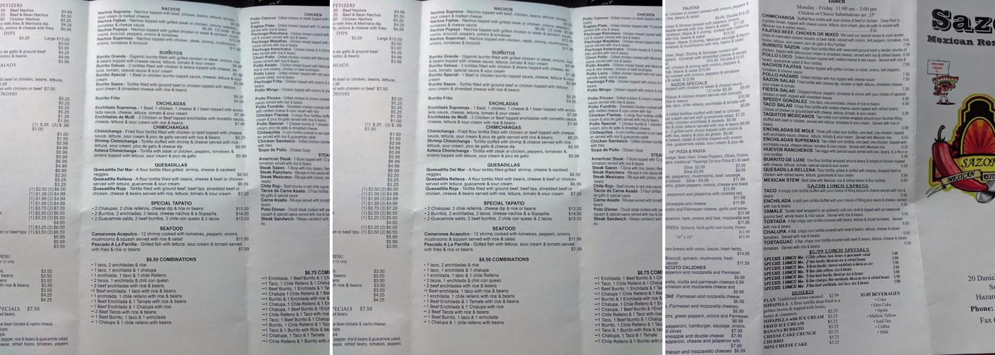 Sazon Mexican Restaurant Menu