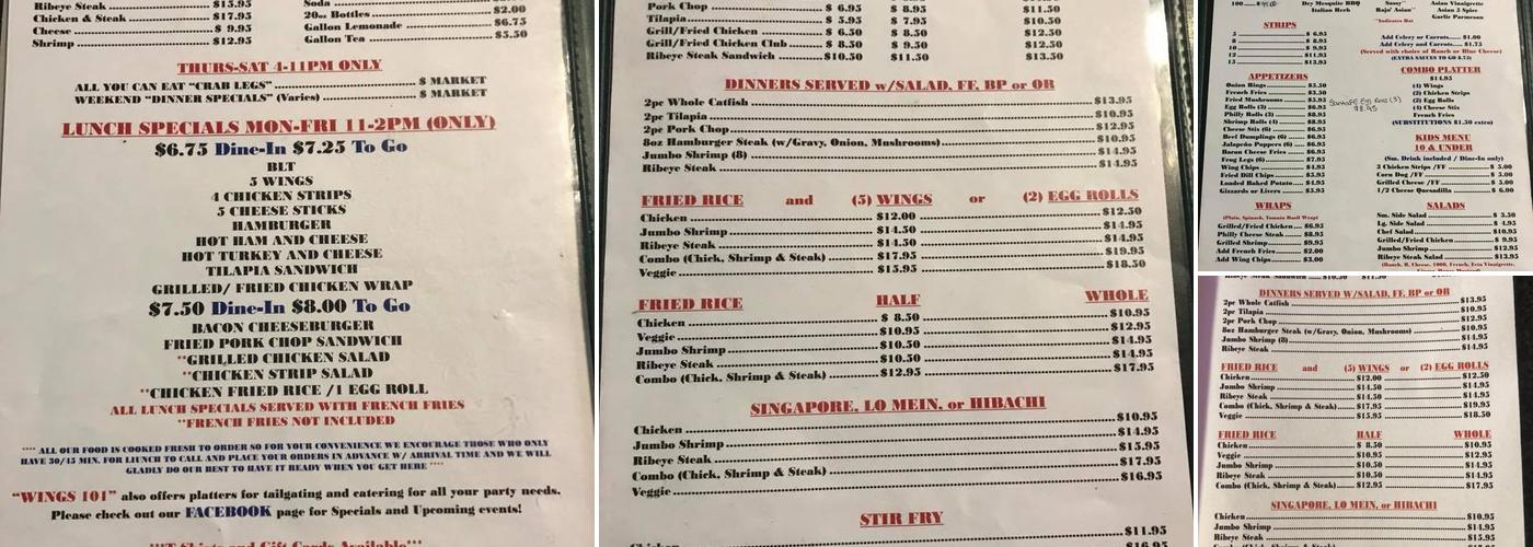 Wings 101 Menu