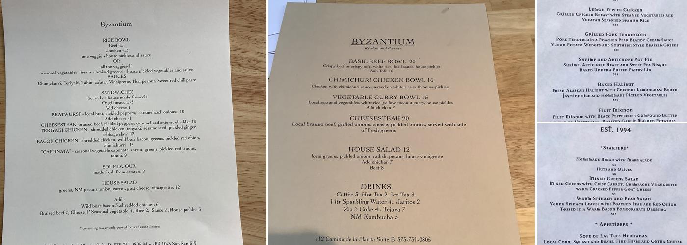 Byzantium Menu