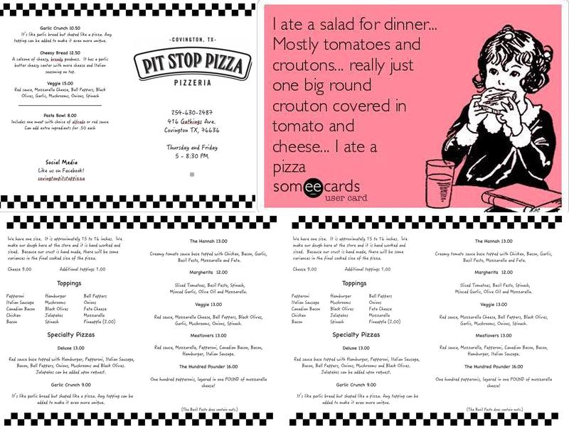 Pit Stop Pizza Menu