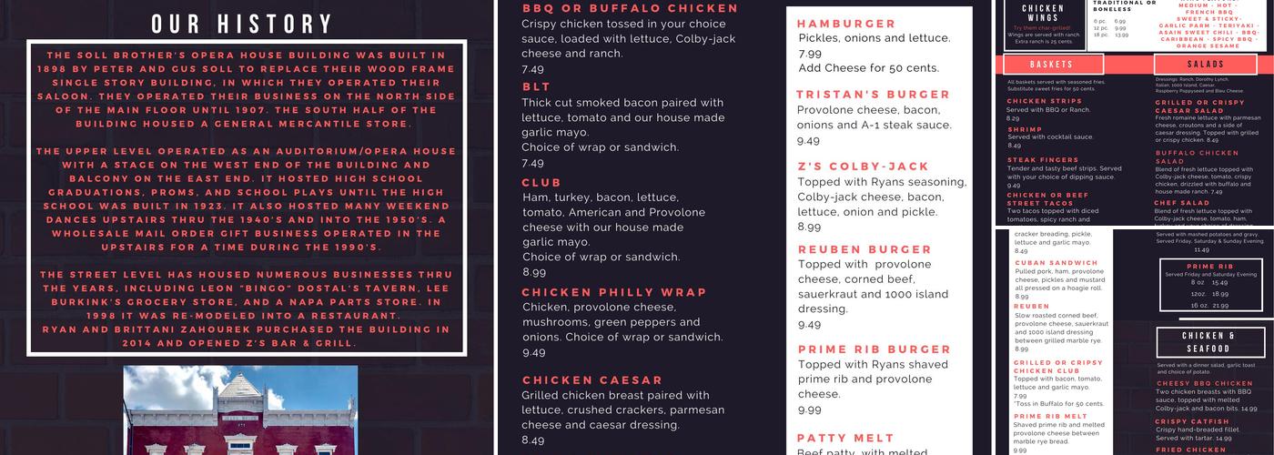 Z's Bar And Grill Menu