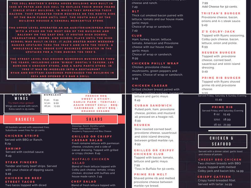 Z's Bar And Grill Menu