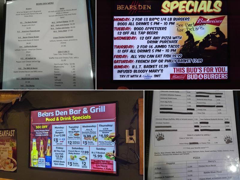 Bears Den Menu