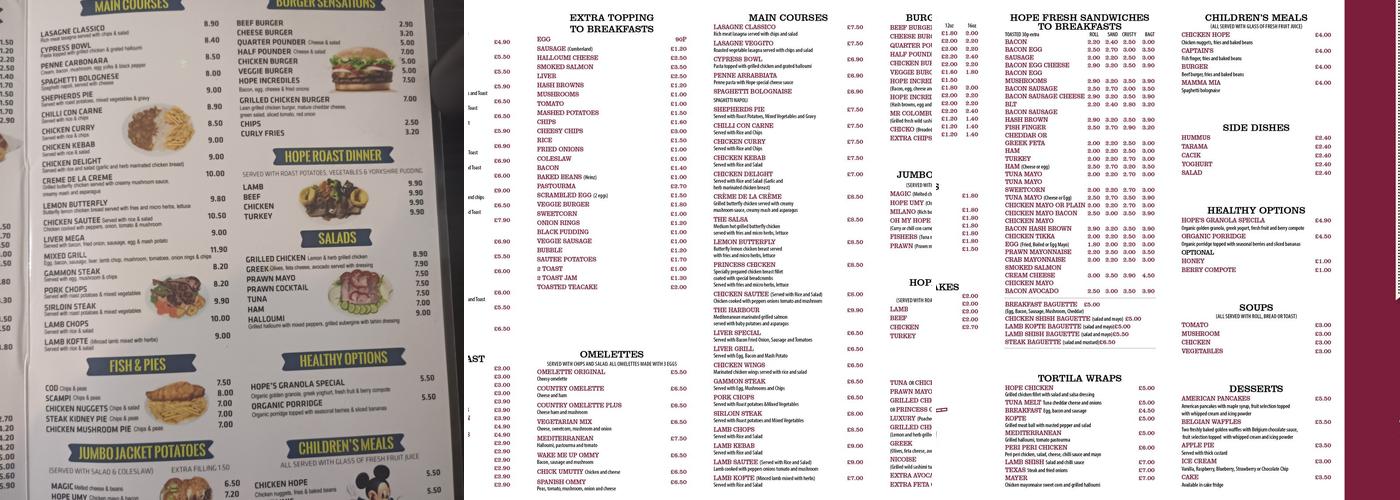 Hope Cafe & Restaurant Menu