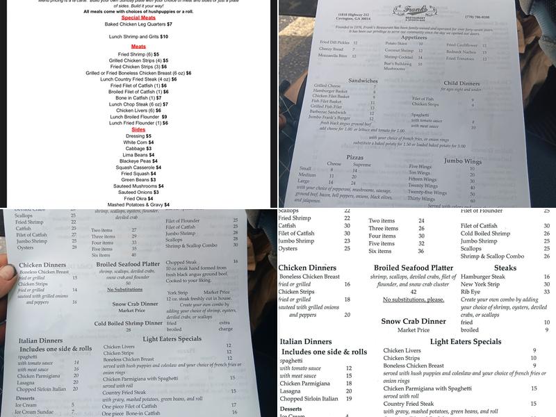 Frank's Restaurant Menu