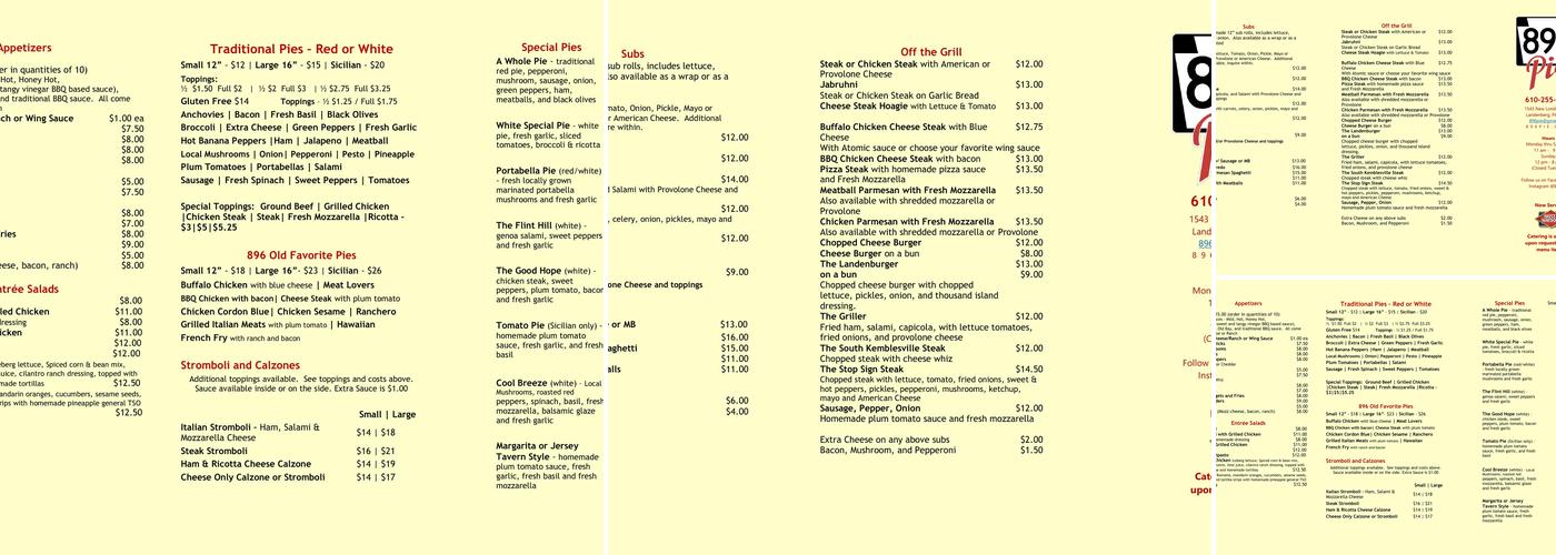 896 Pie, Inc. Menu