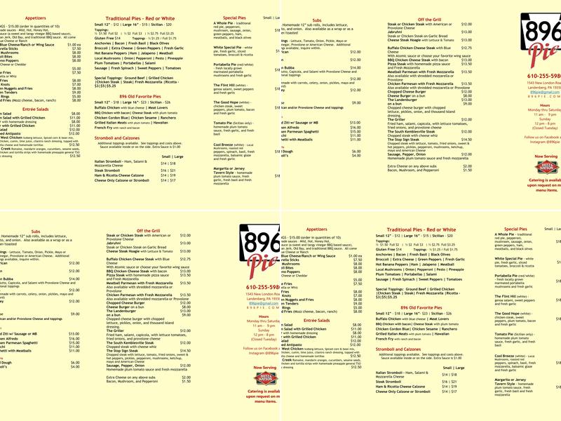 896 Pie, Inc. Menu