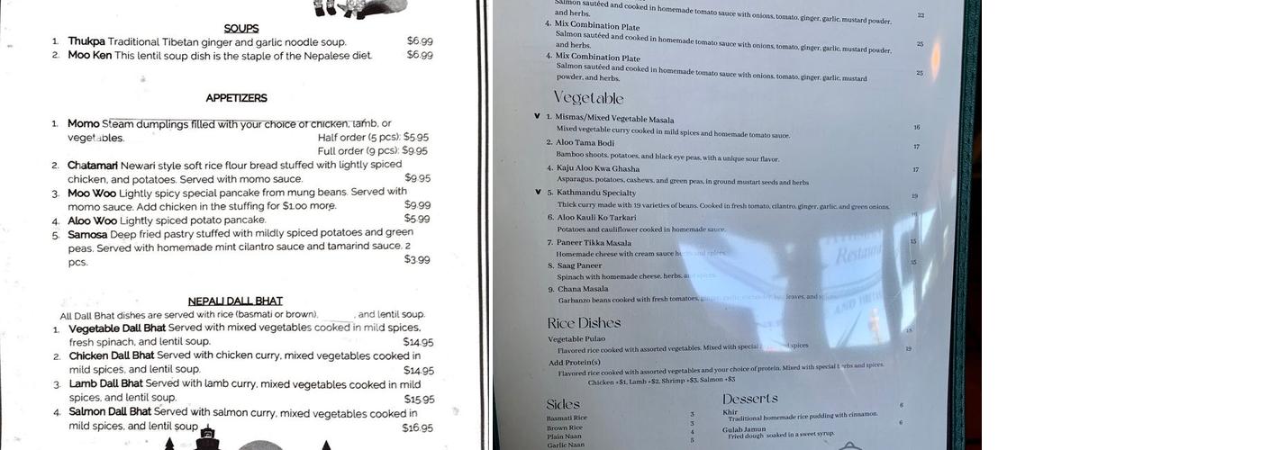 Kathmandu Restaurant Menu