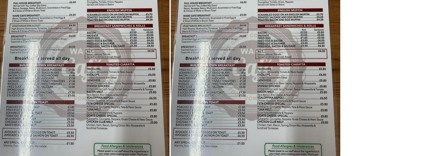 Ware Cafe Menu
