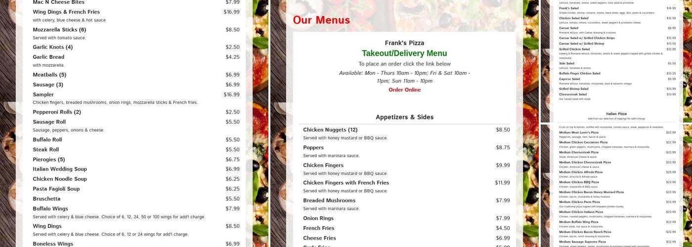 Franks Pizza Menu