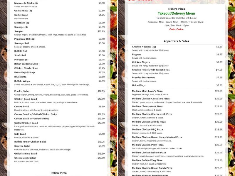 Franks Pizza Menu
