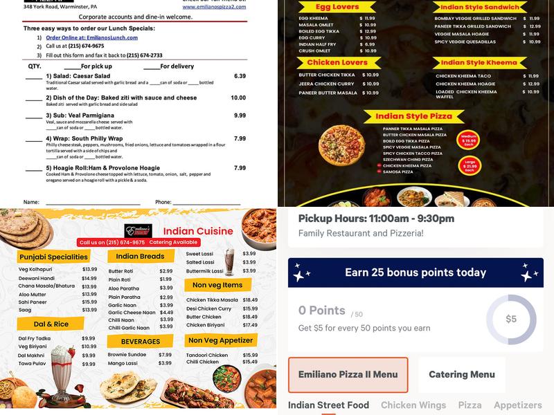 Emiliano Pizza II Warminster Menu