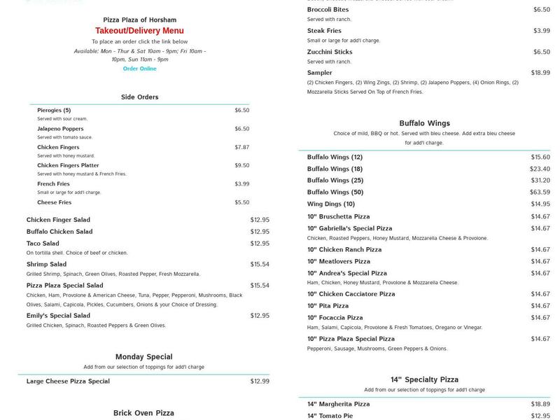 Pizza Plaza Menu