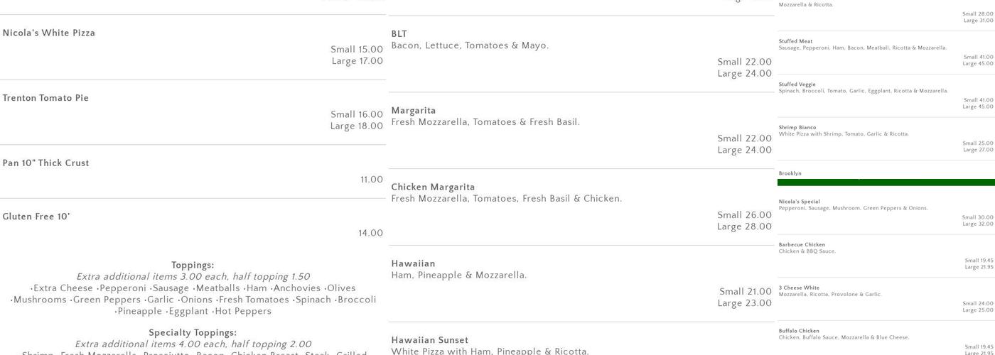 Nicola's Pizza Menu
