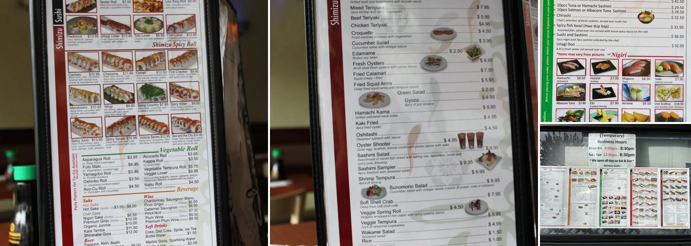 Shimizu Cuisine Menu