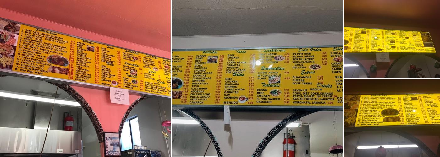 Gloria's Tacos and Famous Spuds Menu