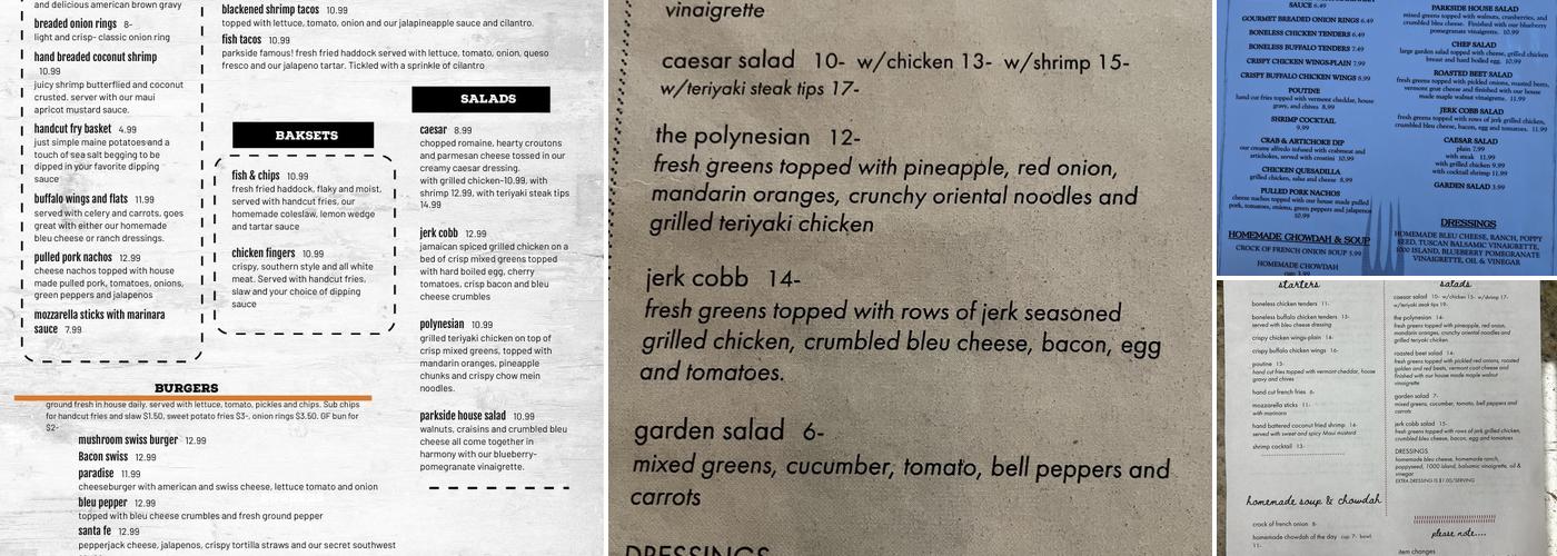 Parkside & Main Menu