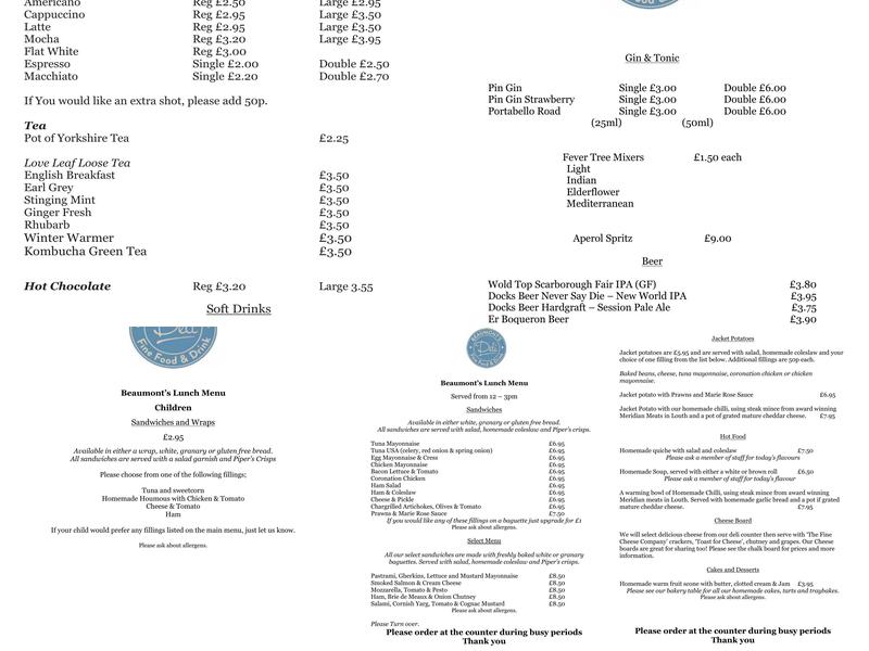 Beaumont's Delicatessen & Café Menu