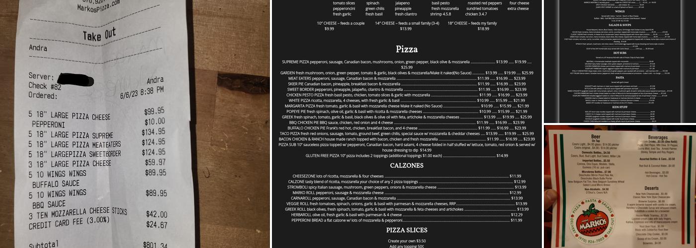 Marko's Pizzeria Menu