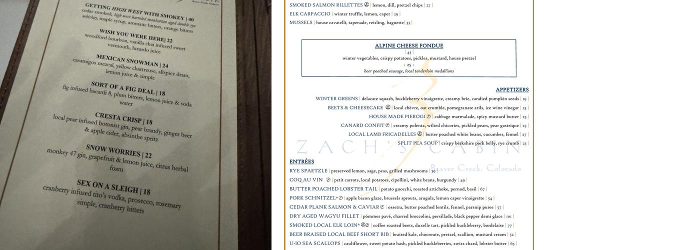 Zach's Cabin Menu