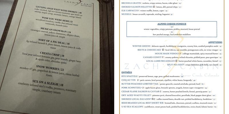 Zach's Cabin Menu