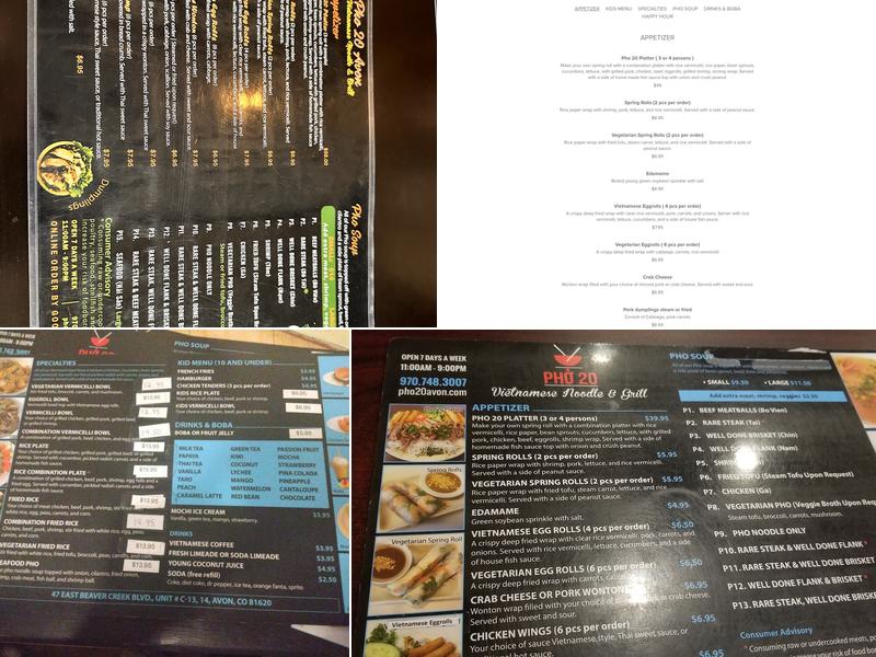 Phở 20 Menu
