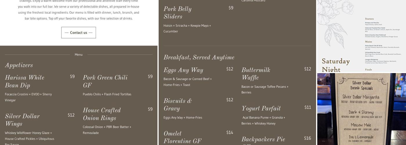 The Legendary Silver Dollar Saloon Menu