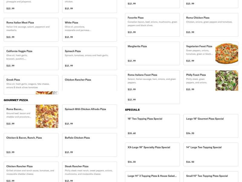 Roma Pizza & Pasta Menu