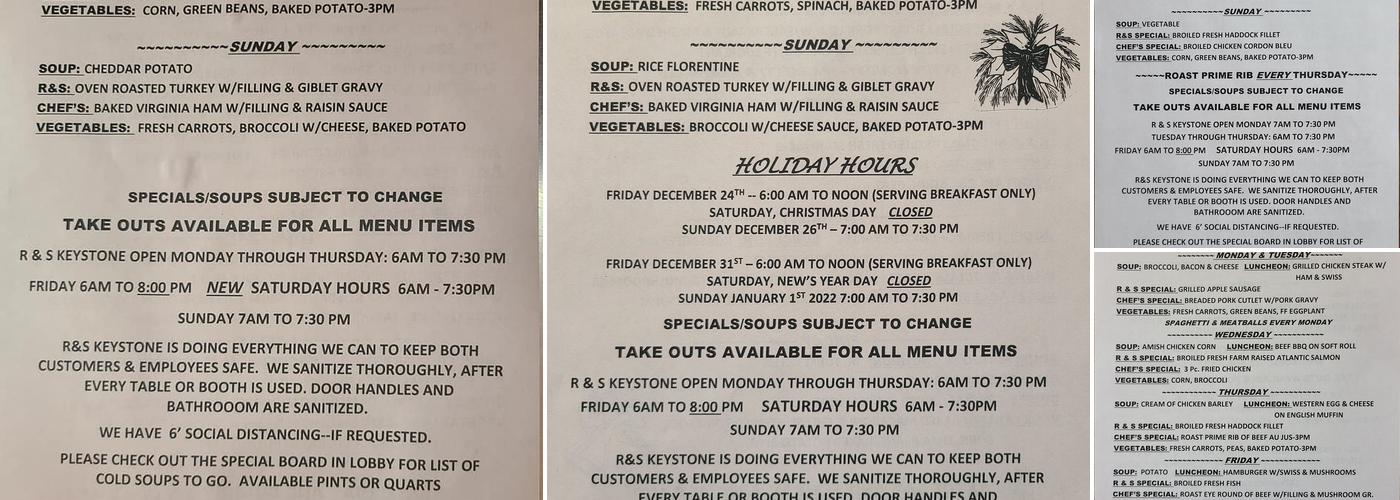 R & S Keystone Menu
