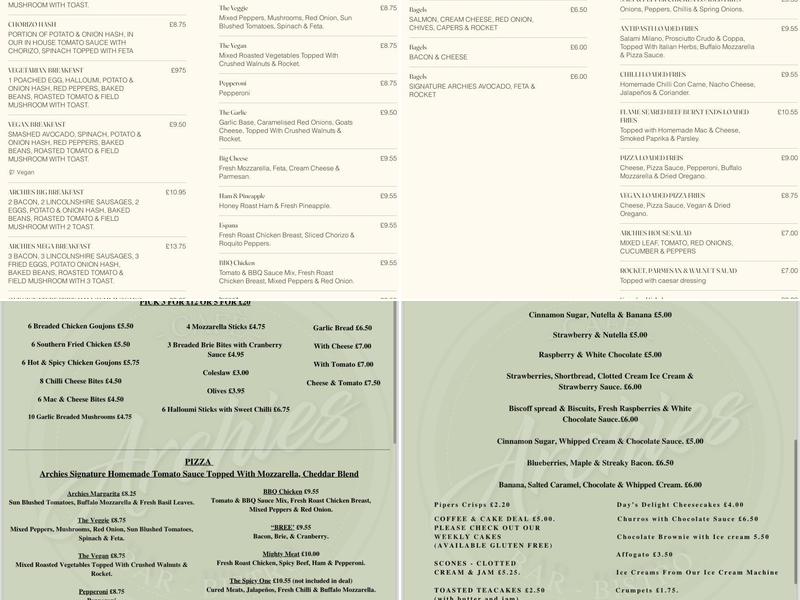 Archies Menu