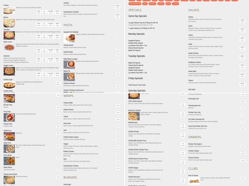 Rosie's Pizza Restaurant Menu