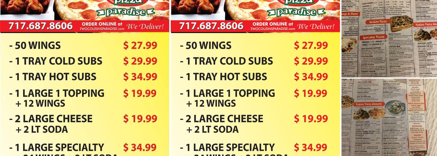 Two Cousins Pizza Paradise Menu