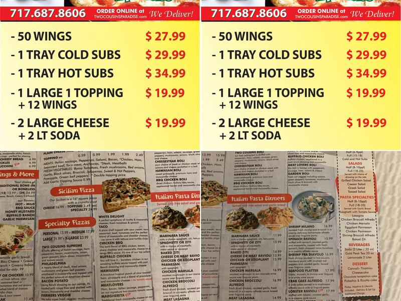 Two Cousins Pizza Paradise Menu